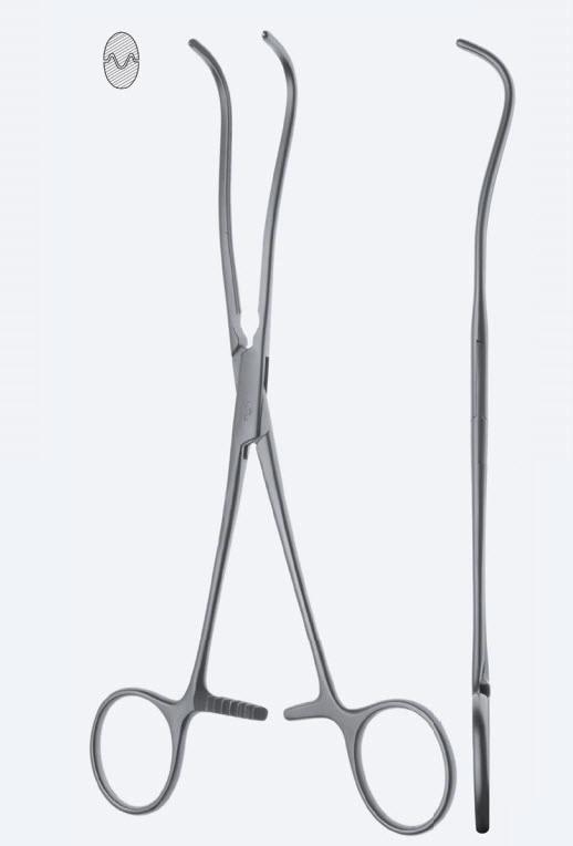 Зажими судинні De Bakey, атравматичні, зубці "De Bakey", з прямою ручкою, вигнуті, з кремальєрою, довжина 248 мм. Бренд - Asanus Medizintechnik Gmb, Німеччина